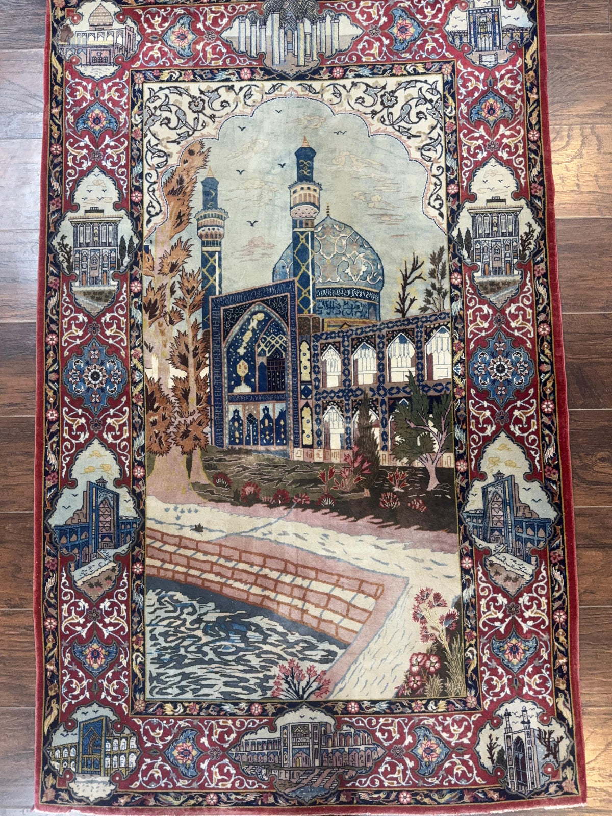 Persian Isfahan Pictorial Rug 3.6 x 5.7, Very Fine 400 KPSI, Historical Buildings, Signed By Masterweaver, Handmade - Jewel Rugs, view 13