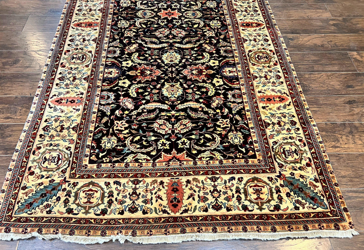 Indo Persian Rug 5x15, Wide Runner Rug 5 x 15 ft, Wool Hand Knotted Vintage Carpet, Black & Cream, Floral Allover Long Oriental Rug - Jewel Rugs, view 4