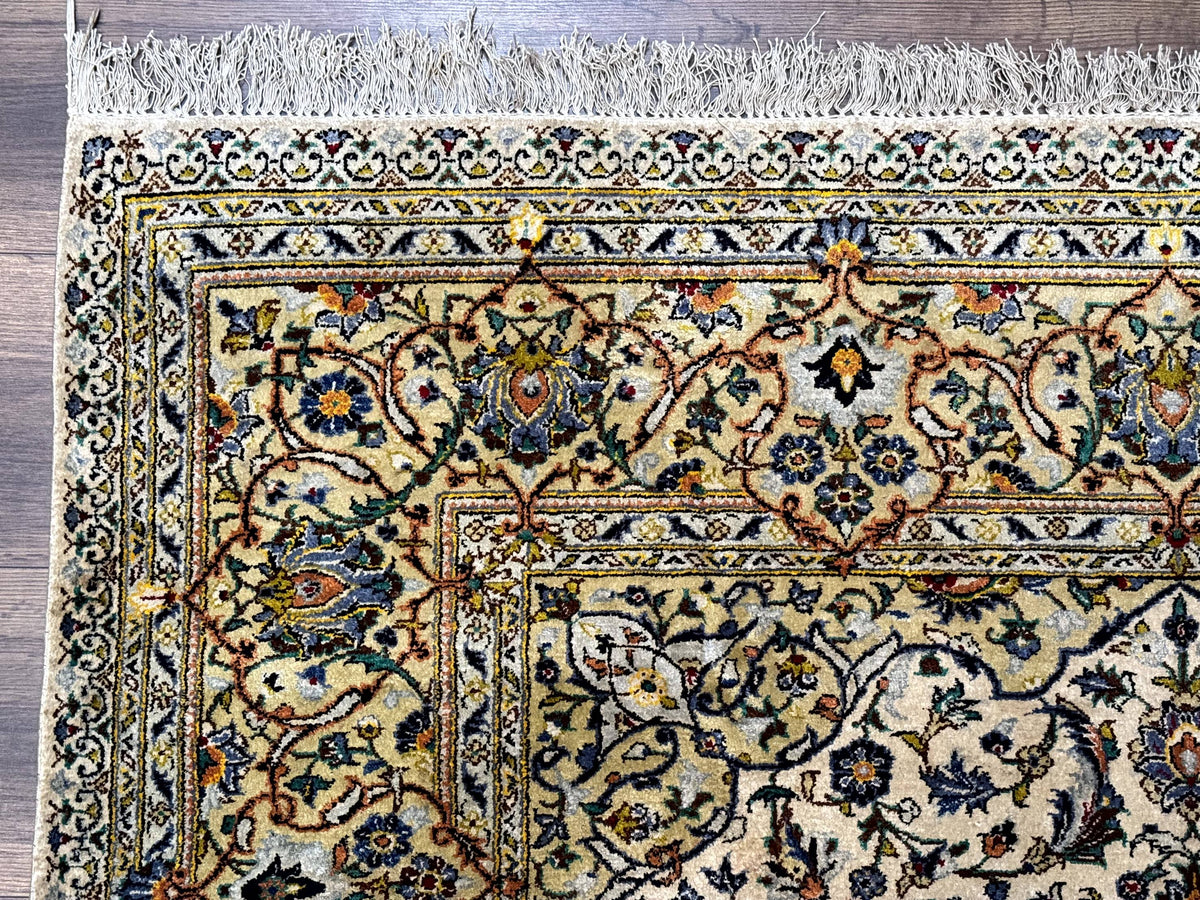 Rare Silk Persian Kashan Rug 4.6 x 7, Antique Fine 310 KPSI, Ivory - Jewel Rugs, view 6