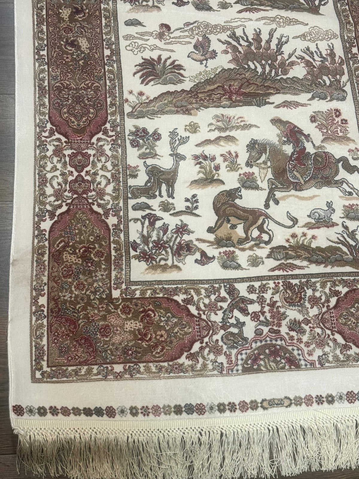 Long Turkish Silk Runner Rug 2.6 x 16.5, Hunting Design, Ivory, Bamboo Silk, New - Jewel Rugs, view 7