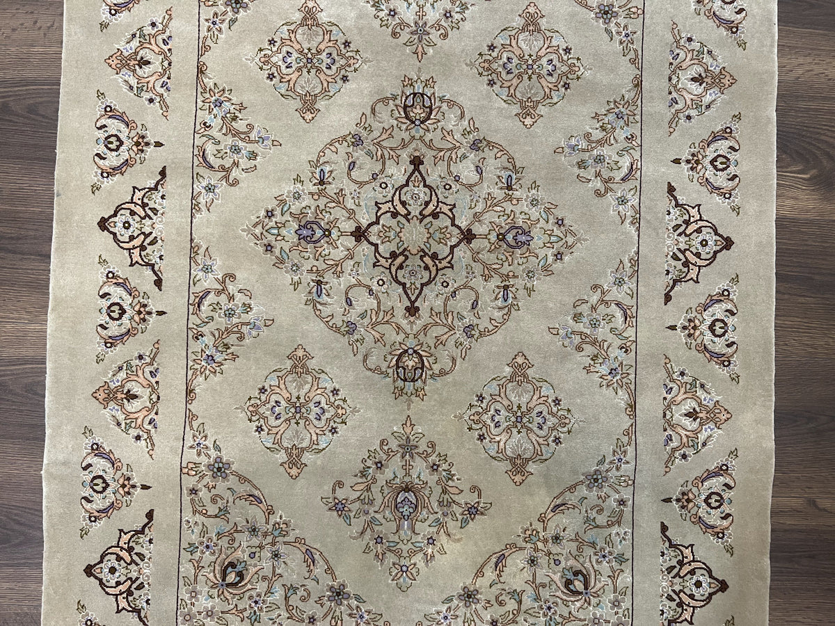 Very Fine Persian Isfahan Rug 3x5 ft with Signature, Kork Wool on Silk Foundation, Gray-Taupe Vintage Hand Knotted Oriental Carpet, 60 Raj 460 KPSI - Jewel Rugs, view 4