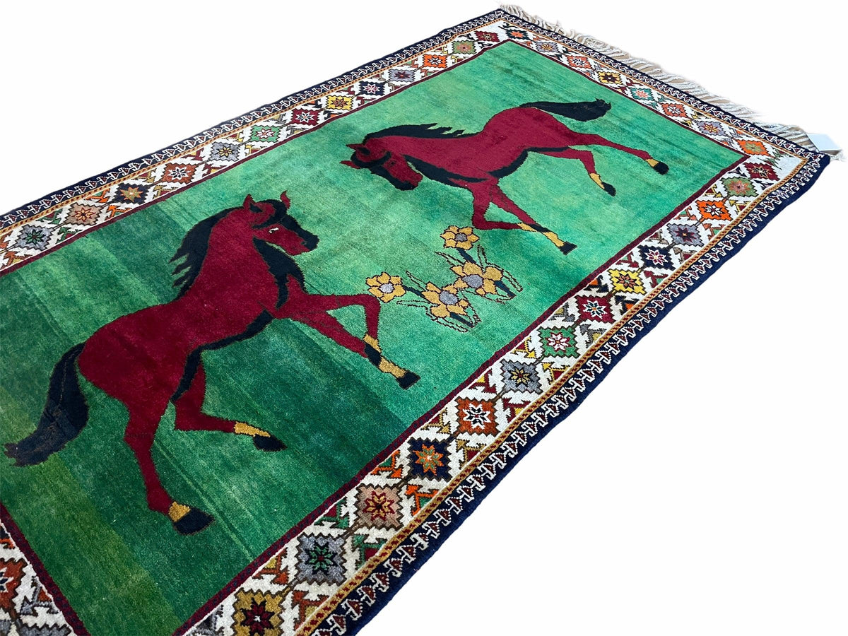 4 X 7 Handmade Rug Zagros Quality Wool Pictorial Horses Green Butterfly Colorful - Jewel Rugs, view 2