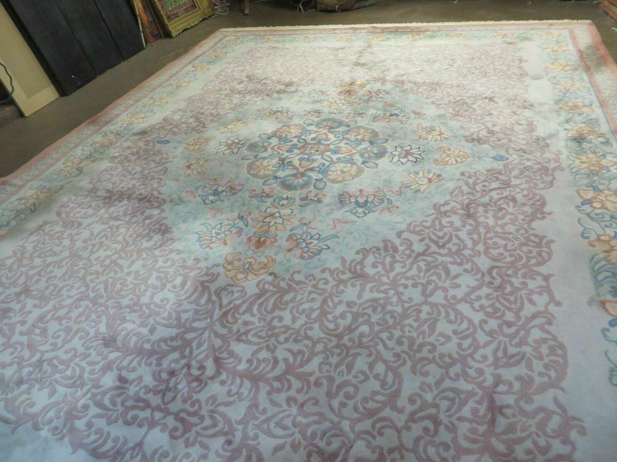 9' X 12' Vintage Handmade Chinese Carving Sculpture Wool Rug Flower Design Pink Carpet - Jewel Rugs, view 2