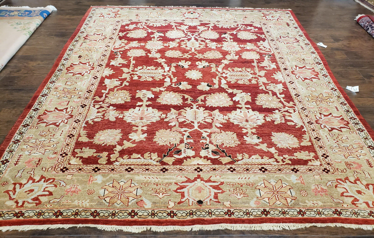 Peshawar Rug 9.5 x 10.8, Almost Square Size, Red and Beige Chobi Sultanabad Rug, Shah Abbas Flowers, Wool Handmade, Vintage Oriental Carpet - Jewel Rugs, view 2
