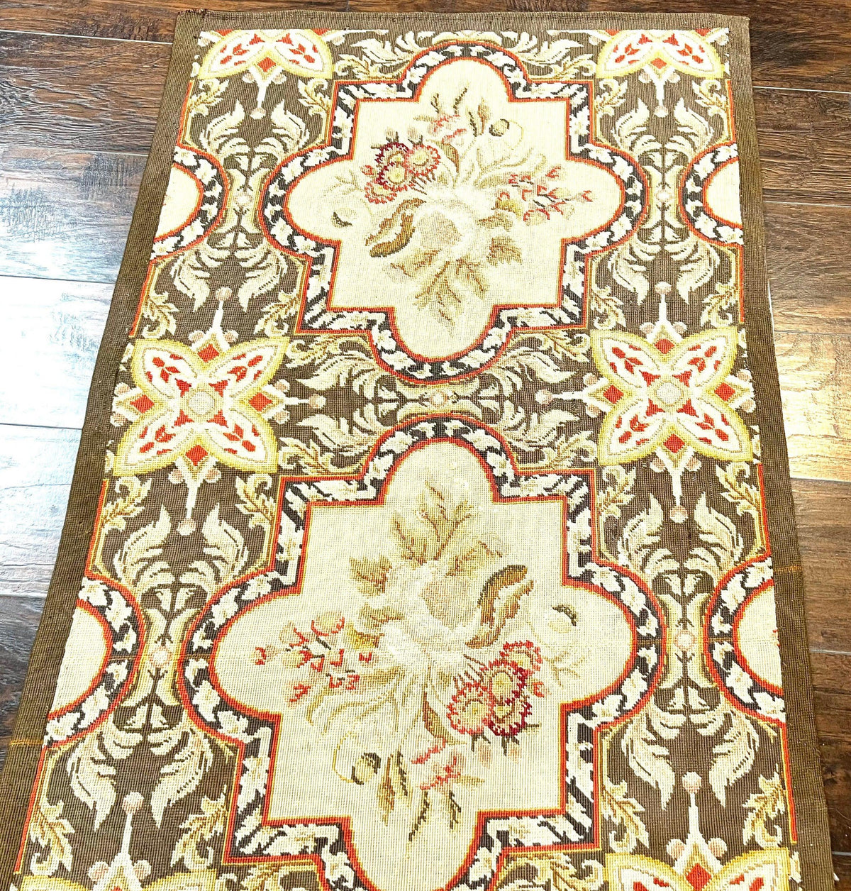 Needlepoint Runner Rug 2.8 x 9.8, Brown and Beige, Handwoven Handmade Floral French European Design, Vintage Flatweave 10ft Wool Runner Rug - Jewel Rugs, view 5