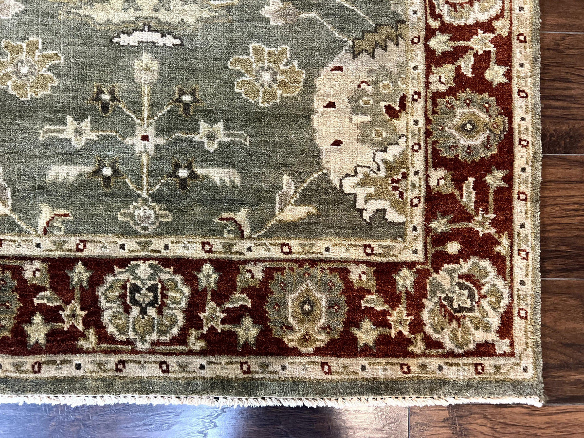 Indo Oushak Rug 4x6, Green and Maroon, Vintage Wool Floral Rug, Indian Agra Rug - Jewel Rugs, view 10