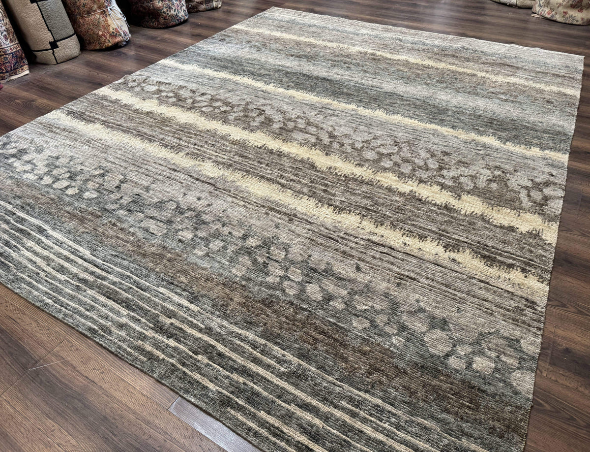 Modern Tibetan Wool Rug 8x10, Abstract, Contemporary, Handmade, Gray, Stripes - Jewel Rugs, view 3