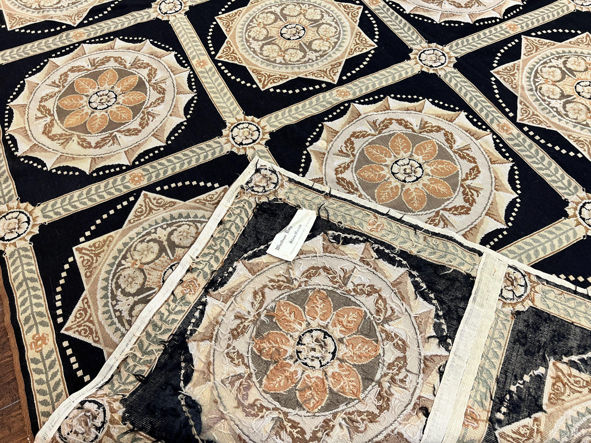 Needlepoint Rug 8x10, Black Tan Beige, Panel Design, Wool Handwoven Handmade Flatweave Needlepoint Carpet, Vintage French European Rug - Jewel Rugs, view 11