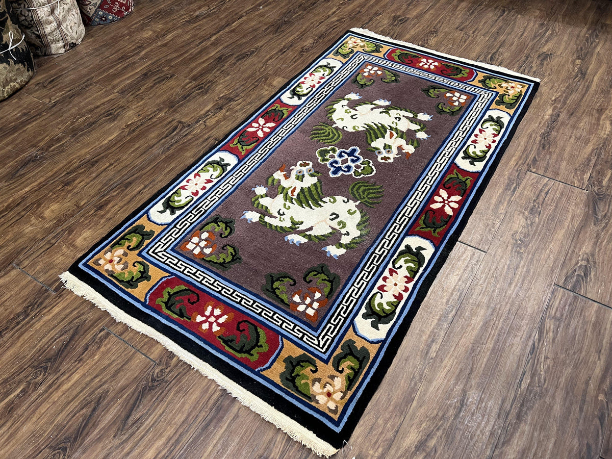 Chinese Art Deco Rug 3 x 5.5 with Animal Pictorials, Vintage Chinese Peking Wool Area Rug, Dark Puce Maroon Ivory, Hand Knotted Soft Carpet - Jewel Rugs, view 3