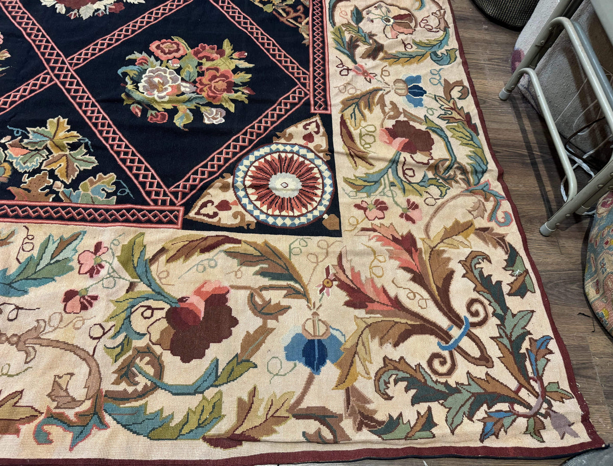Palace Size Needlepoint Rug 12x20, European French English Aubusson Floral Design, Black and Beige - Jewel Rugs, view 9