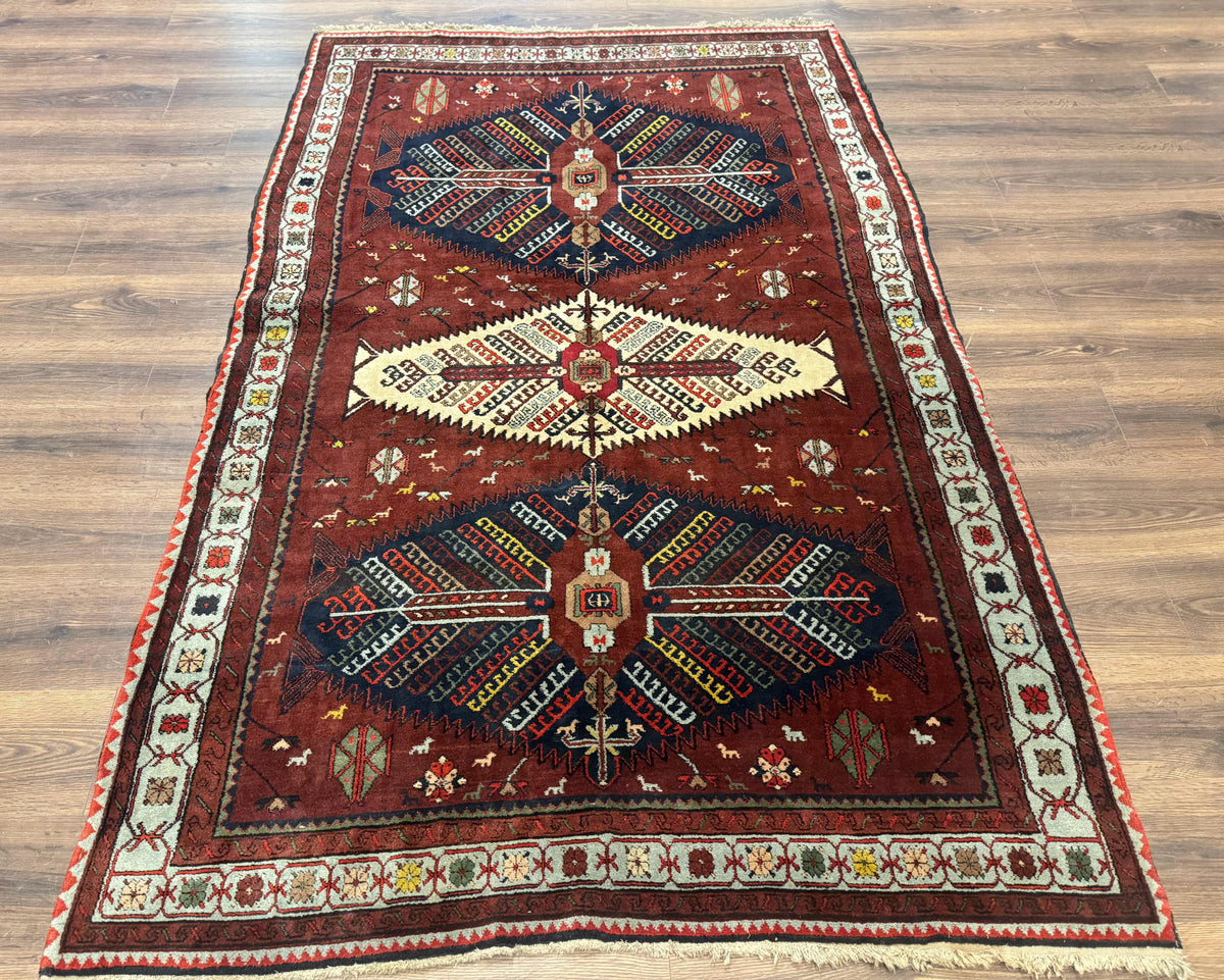 Antique Persian Tribal Rug 5 x 7.8, Triple Medallions, Red, Persian Afshar Rug - Jewel Rugs, view 2