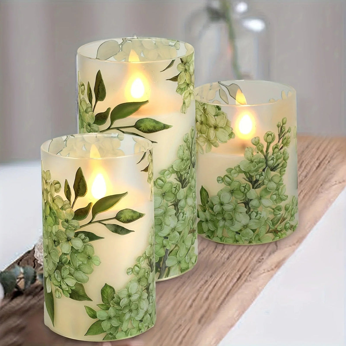 A set of 3 flameless candles, flickering LED pillar candles, with a 10-button remote control. They feature a g — House of Avana, view 2 of 14