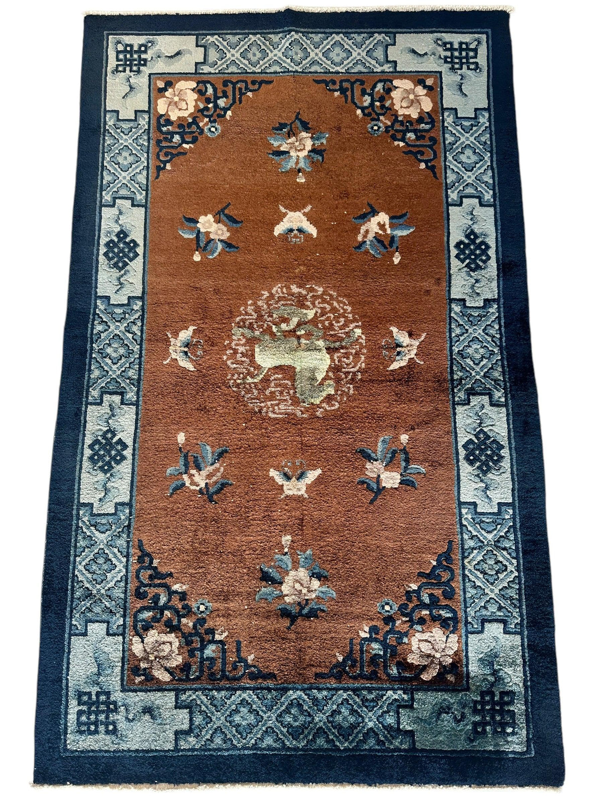 Chinese Rug 3x5 | Rust, Navy & Light Blue | Hand-Knotted Silk - Rugistan, view 2