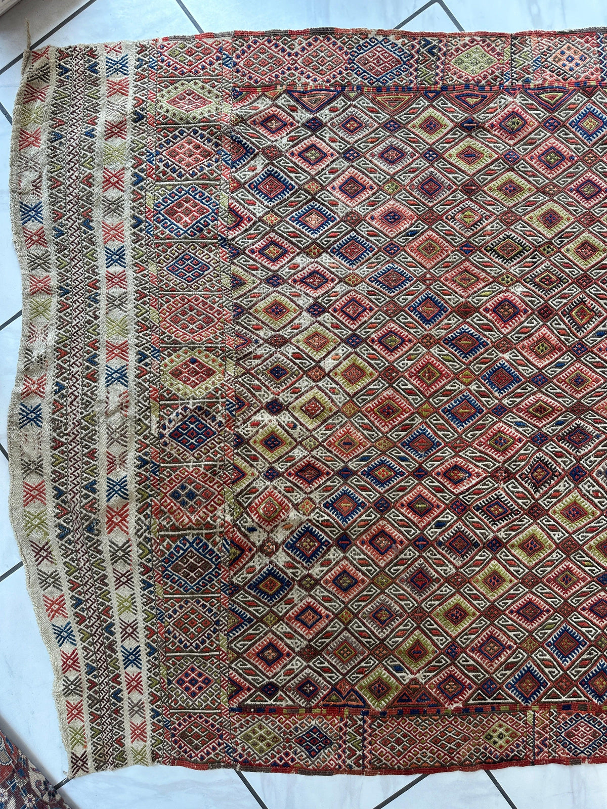 Antique Turkish Kilim Runner 5x14 | Red, Navy & Ivory | Hand-Woven Wool Flatweave - Rugistan, view 11