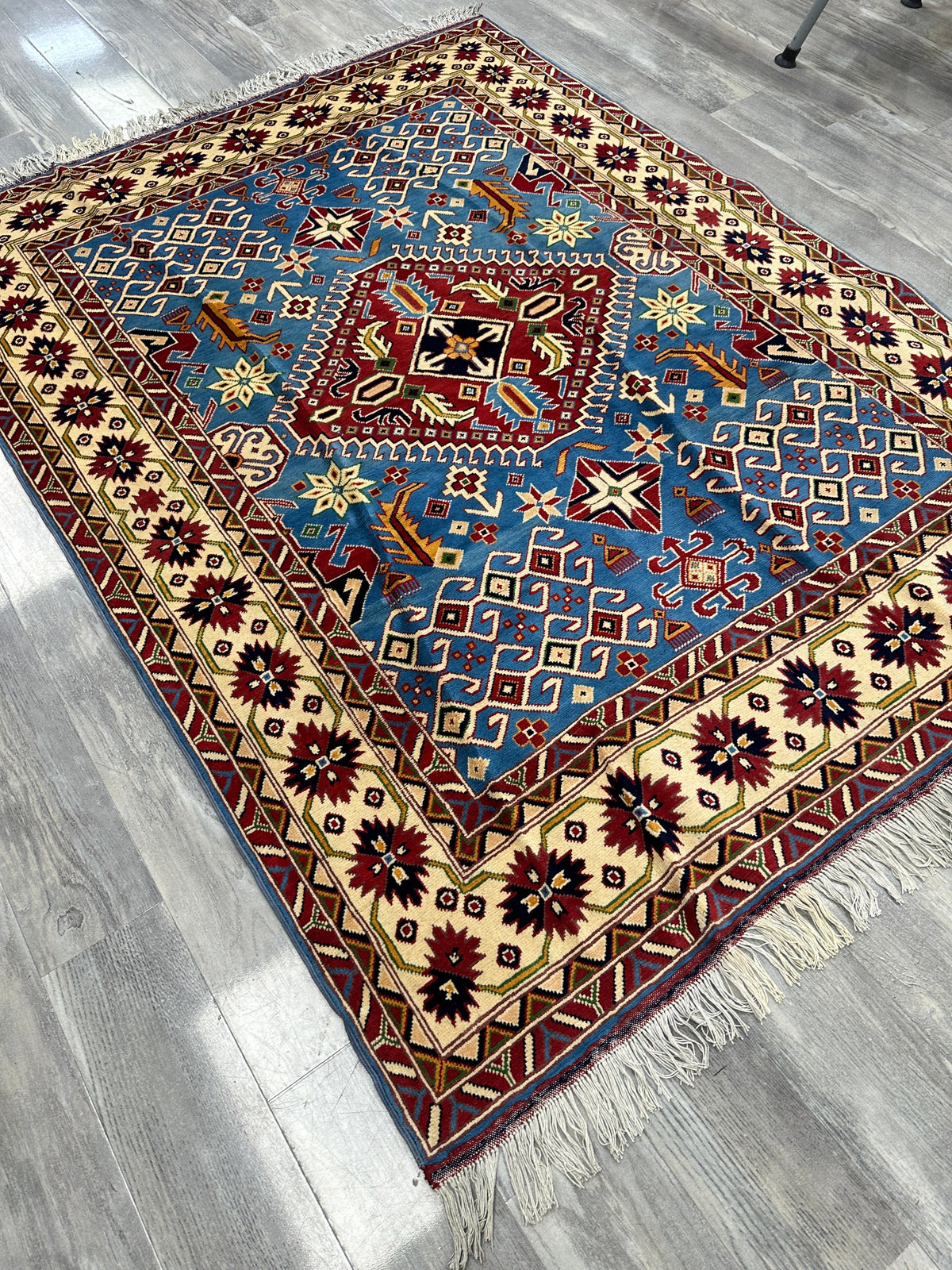 Afghan Kazak Rug 5x7 | Light Blue, Ivory & Burgundy | Hand-Knotted Wool - Rugistan, view 4
