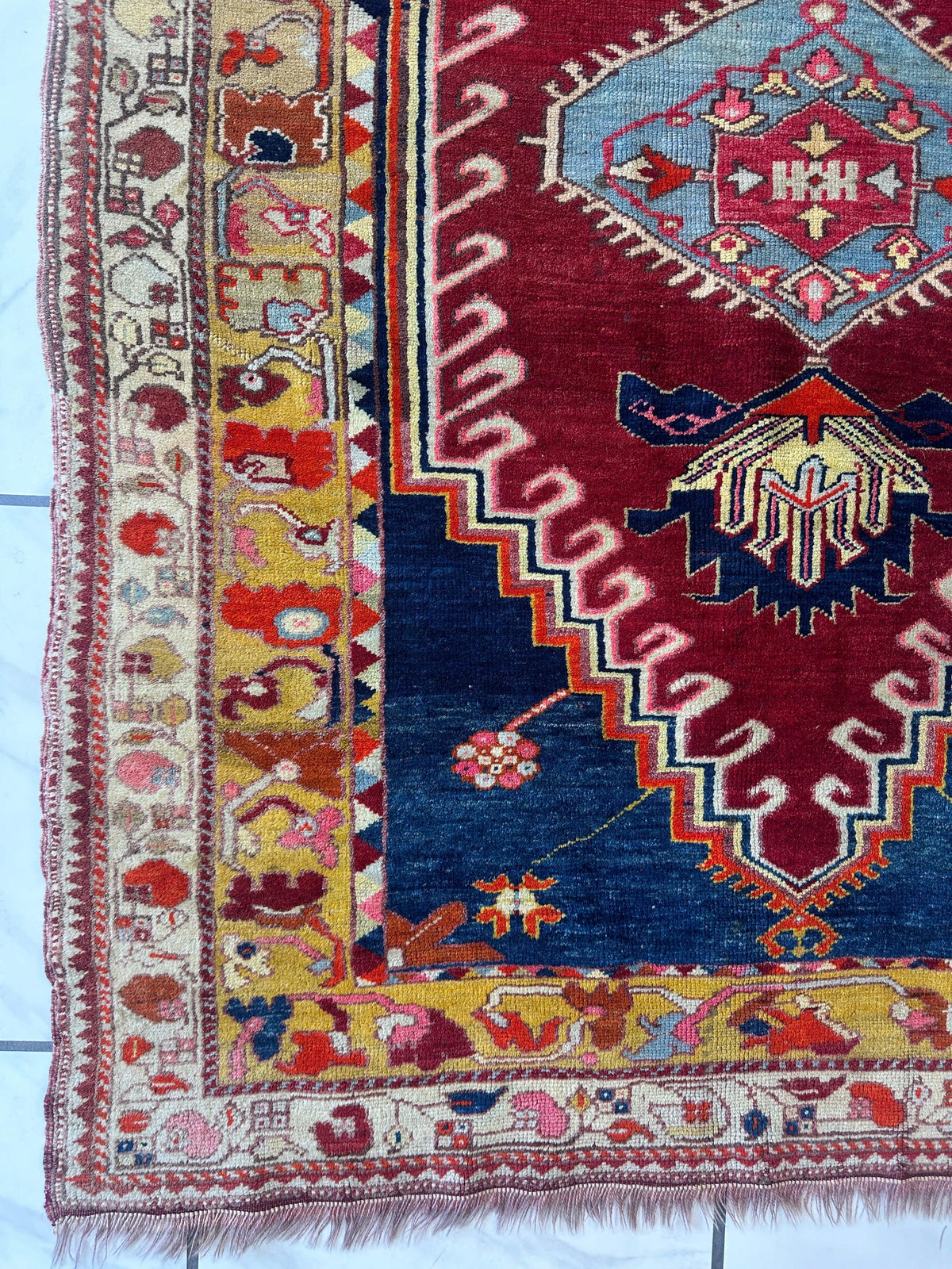 Antique Turkish Rug 4x6 | Red, Blue & Gold | Hand-Knotted Wool - Rugistan, view 6