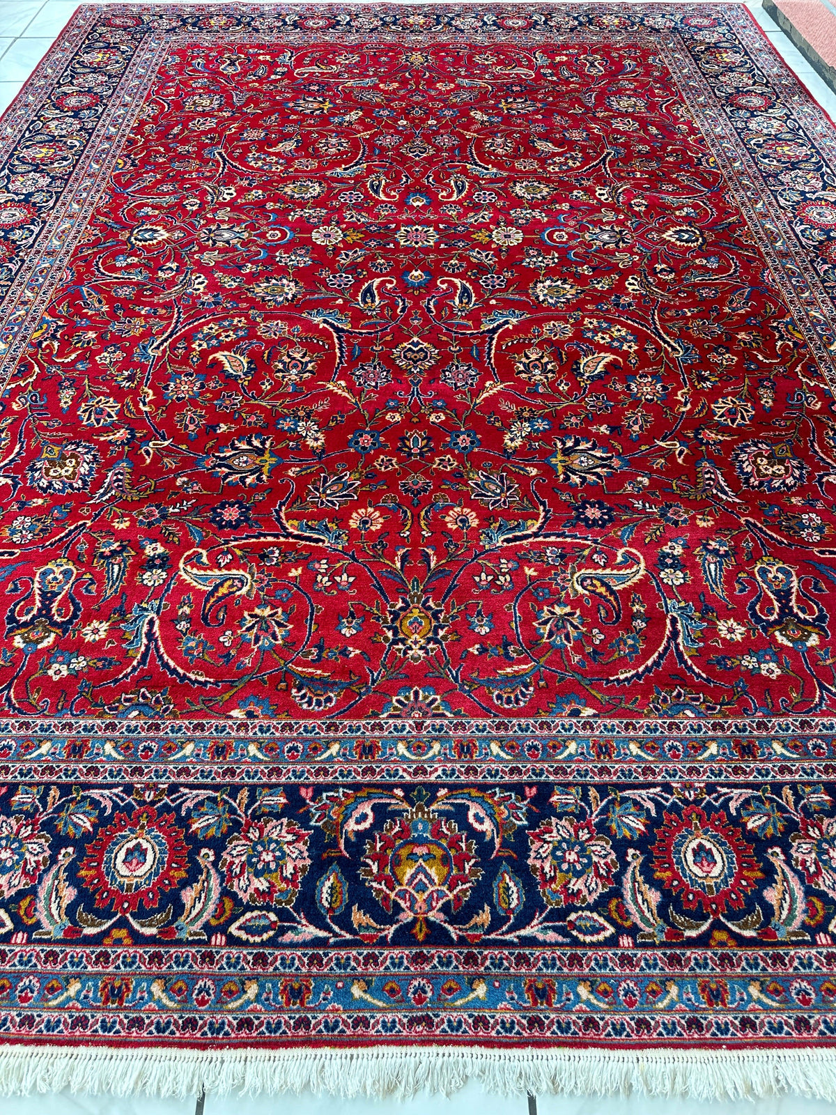 Persian Kashan Rug 10x14 | Red, Navy & Ivory | Hand-Knotted Wool - Rugistan, view 4