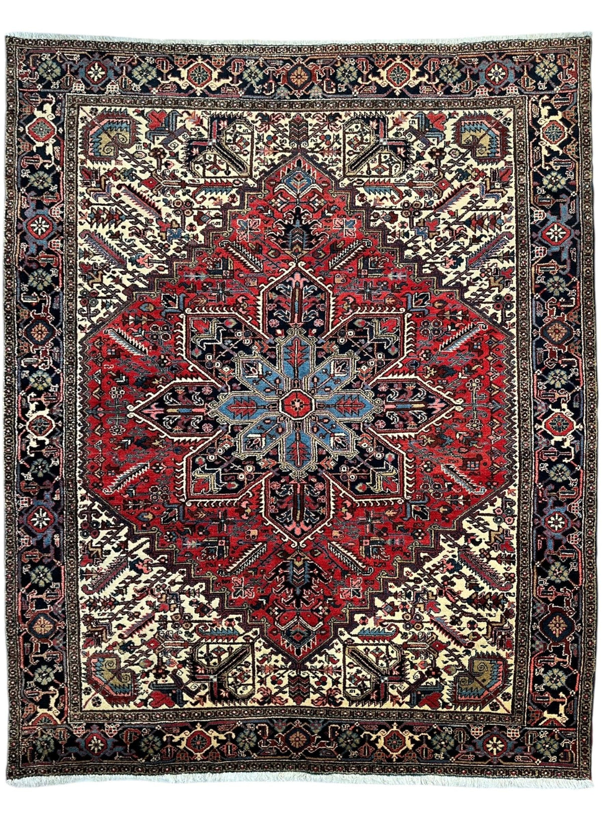Vintage Persian Heriz Rug 9x12 | Red, Ivory & Navy | Hand-Knotted Wool - Rugistan, view 2