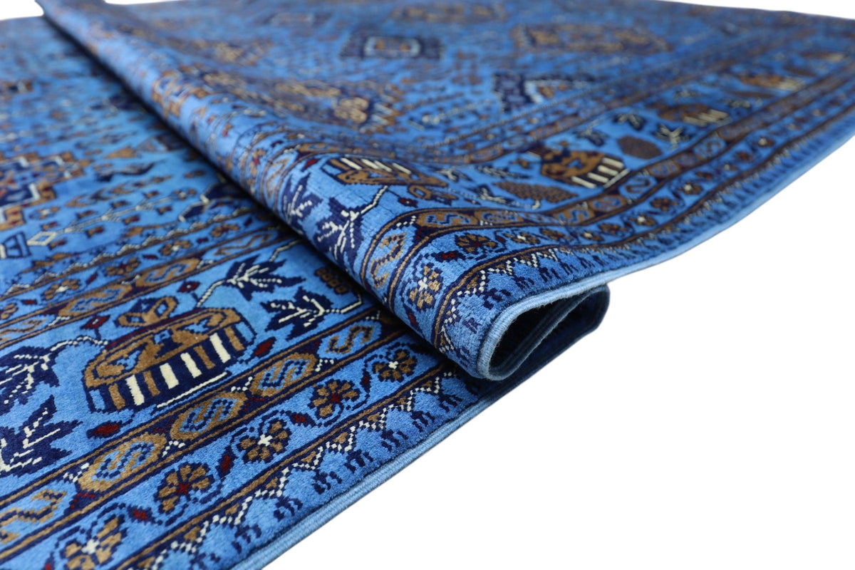 Afghan Rug 7x10 | Blue, Navy & Gold | Hand-Knotted Wool - Rugistan, view 3