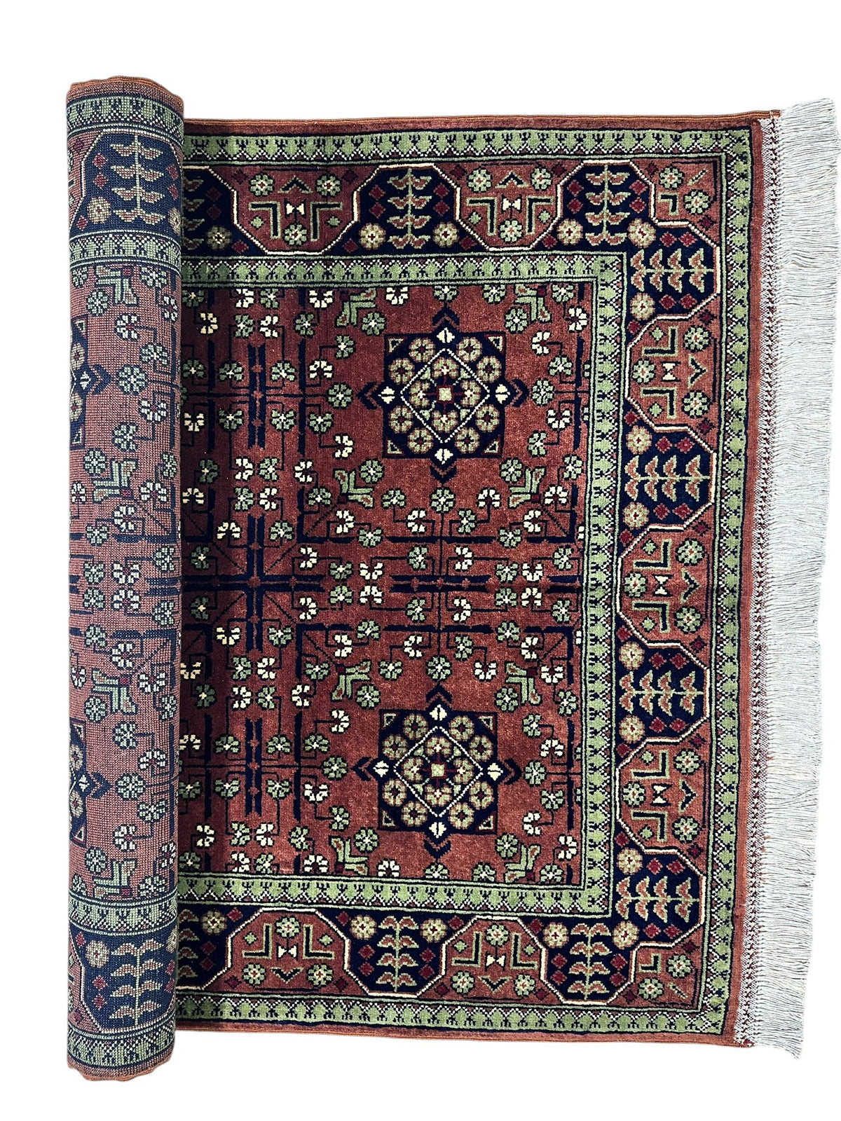 Afghan Turkmen Crosses Medallion Rug 3x5 | Rust, Navy, Green & Ivory | Hand-Knotted Wool - Rugistan, view 5