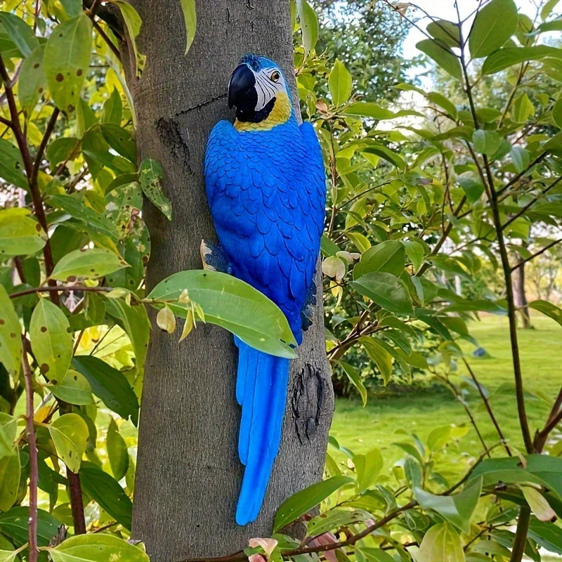 Blue Parrot Garden Statue Handcrafted Outdoor Tree Decor