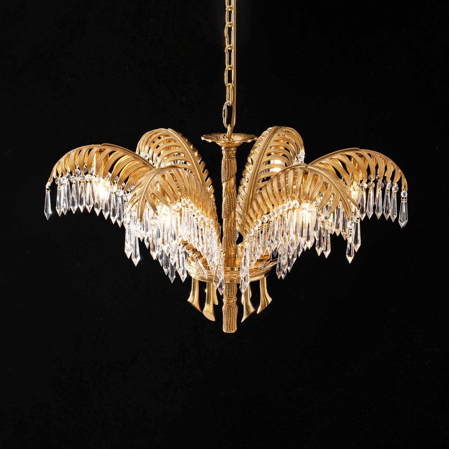 Brass Palm Leaf Crystal Chandelier