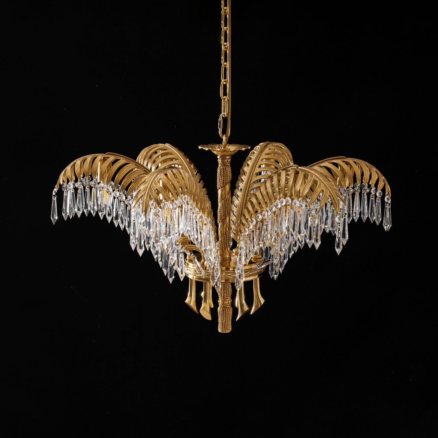 Brass Palm Leaf Crystal Chandelier