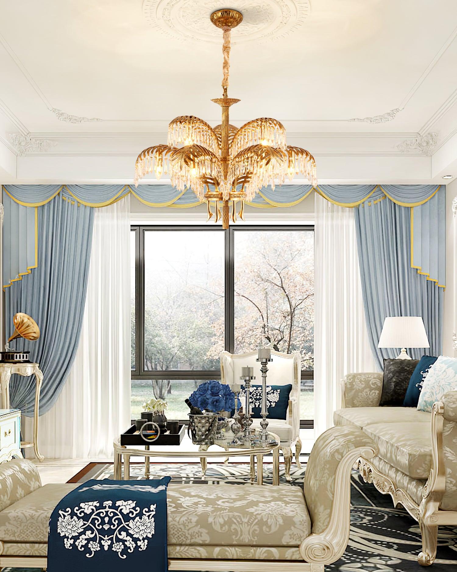 Brass Palm Leaf Crystal Chandelier