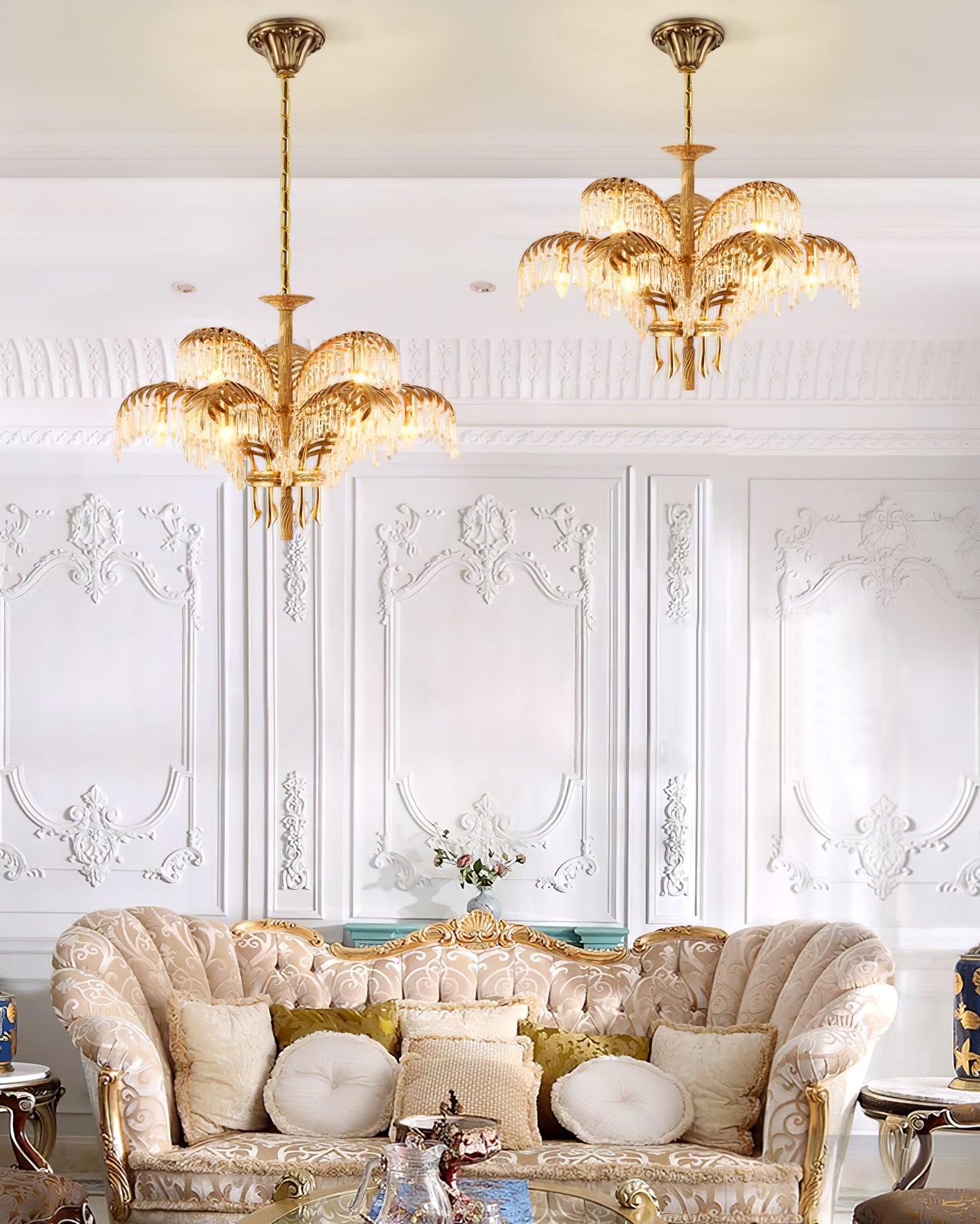 Brass Palm Leaf Crystal Chandelier