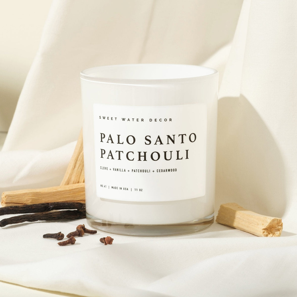 Palo Santo Patchouli Soy Candle - White Jar - 11 oz - Sweet Water Decor, view 2