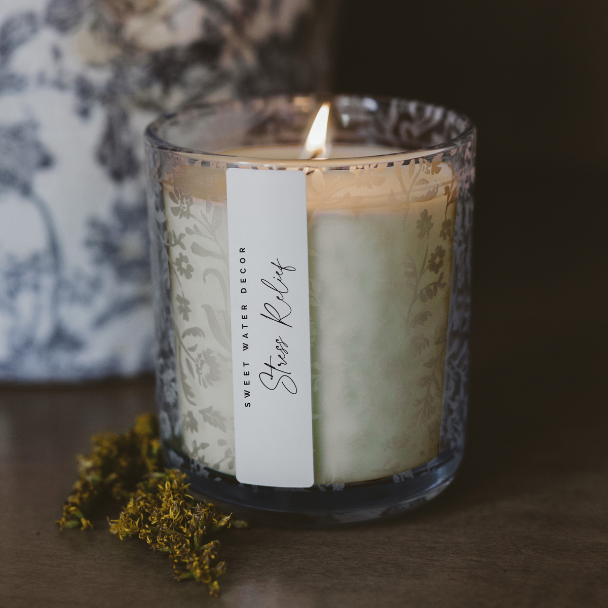 Stress Relief Soy Candle - Blue Tinted Glass Jar - 12 oz - Sweet Water Decor, view 2