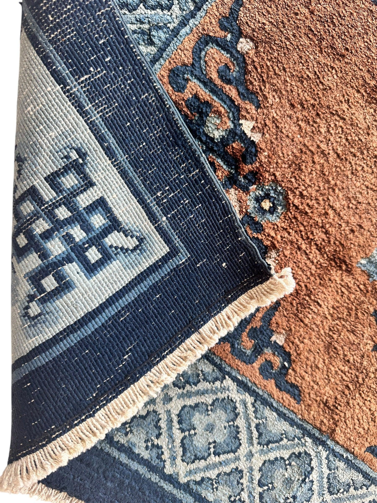 Chinese Rug 3x5 | Rust, Navy & Light Blue | Hand-Knotted Silk - Rugistan, view 7