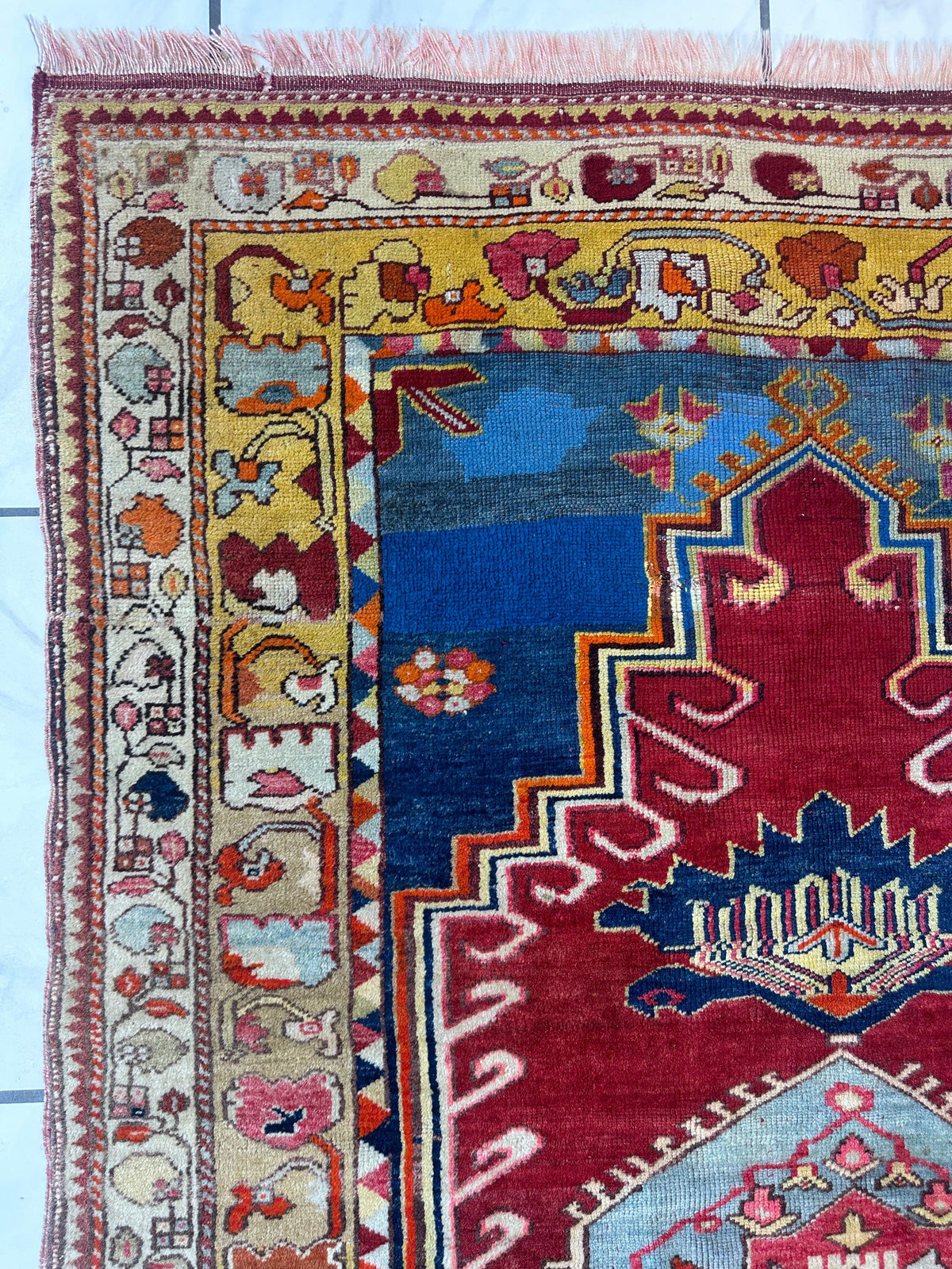 Antique Turkish Rug 4x6 | Red, Blue & Gold | Hand-Knotted Wool - Rugistan, view 11