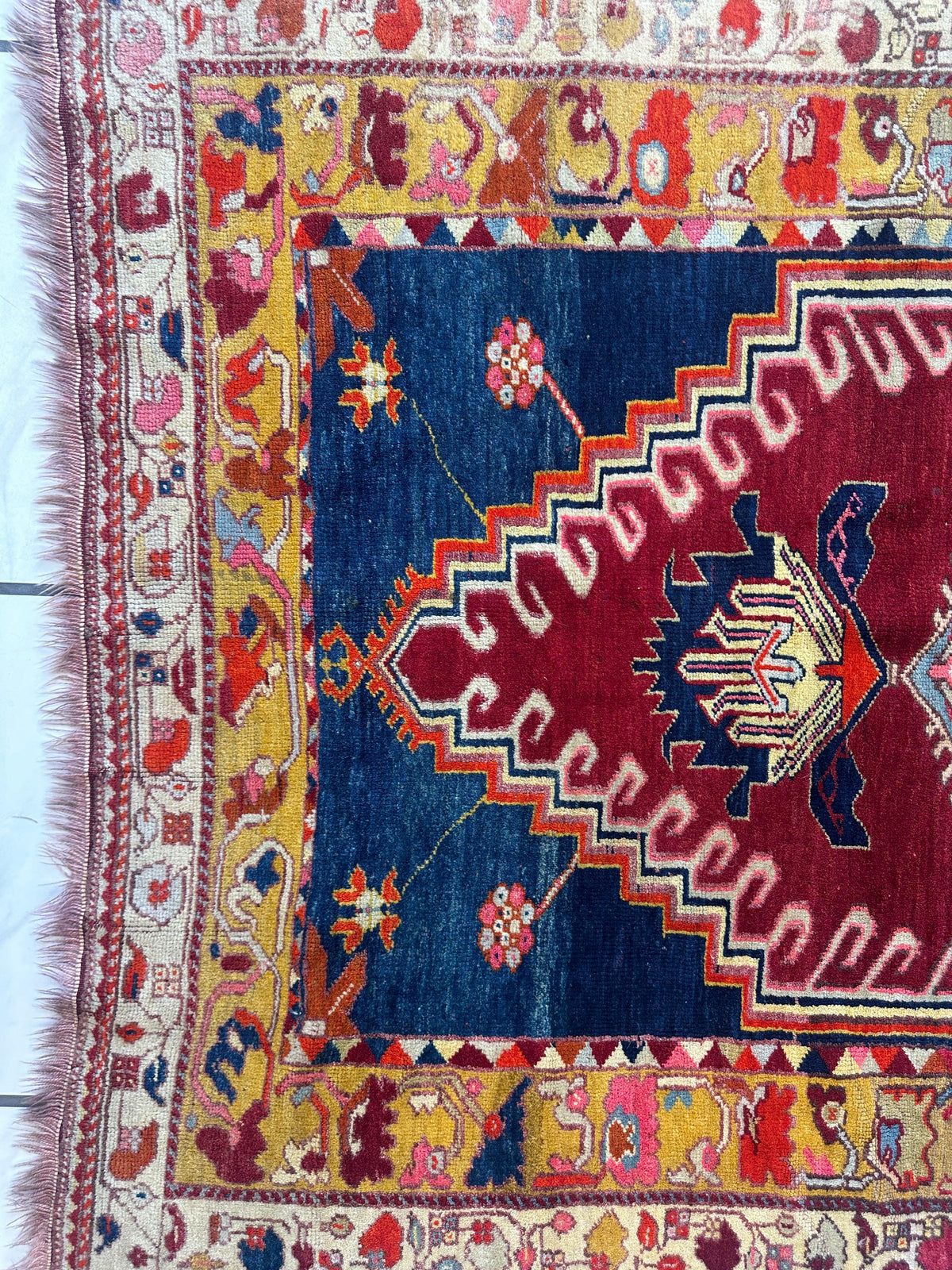 Antique Turkish Rug 4x6 | Red, Blue & Gold | Hand-Knotted Wool - Rugistan, view 7