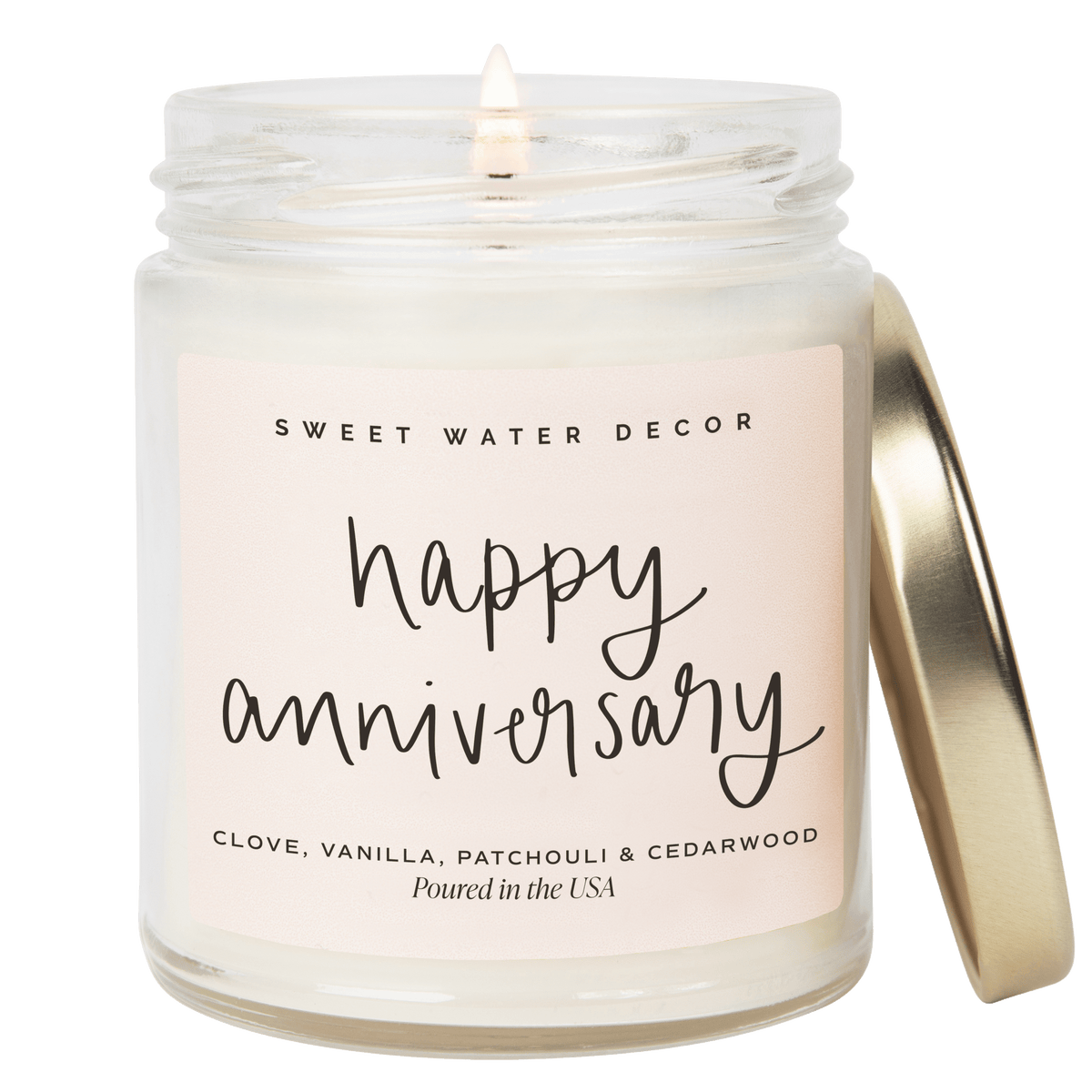 Happy Anniversary Soy Candle - Clear Jar - 9 oz (Palo Santo Patchouli) - Sweet Water Decor