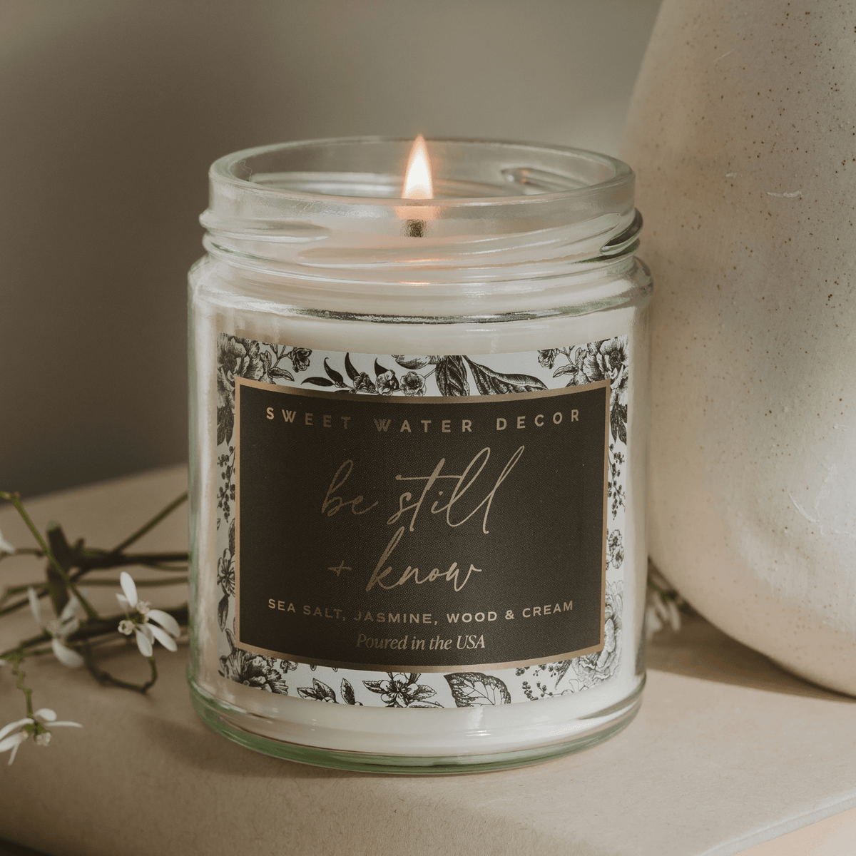 Be Still and Know Soy Candle - Clear Patterned Jar - 9 oz - Sweet Water Decor, view 2