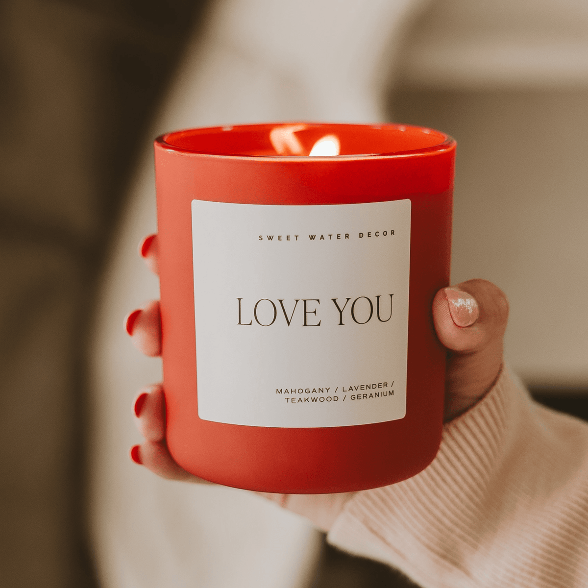 Love You Soy Candle - Red Matte Jar - 15 oz (Driftwood and Mahogany) - Sweet Water Decor, view 3
