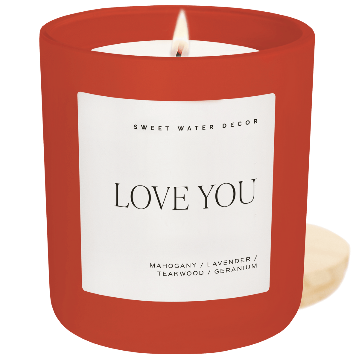 Love You Soy Candle - Red Matte Jar - 15 oz (Driftwood and Mahogany) - Sweet Water Decor
