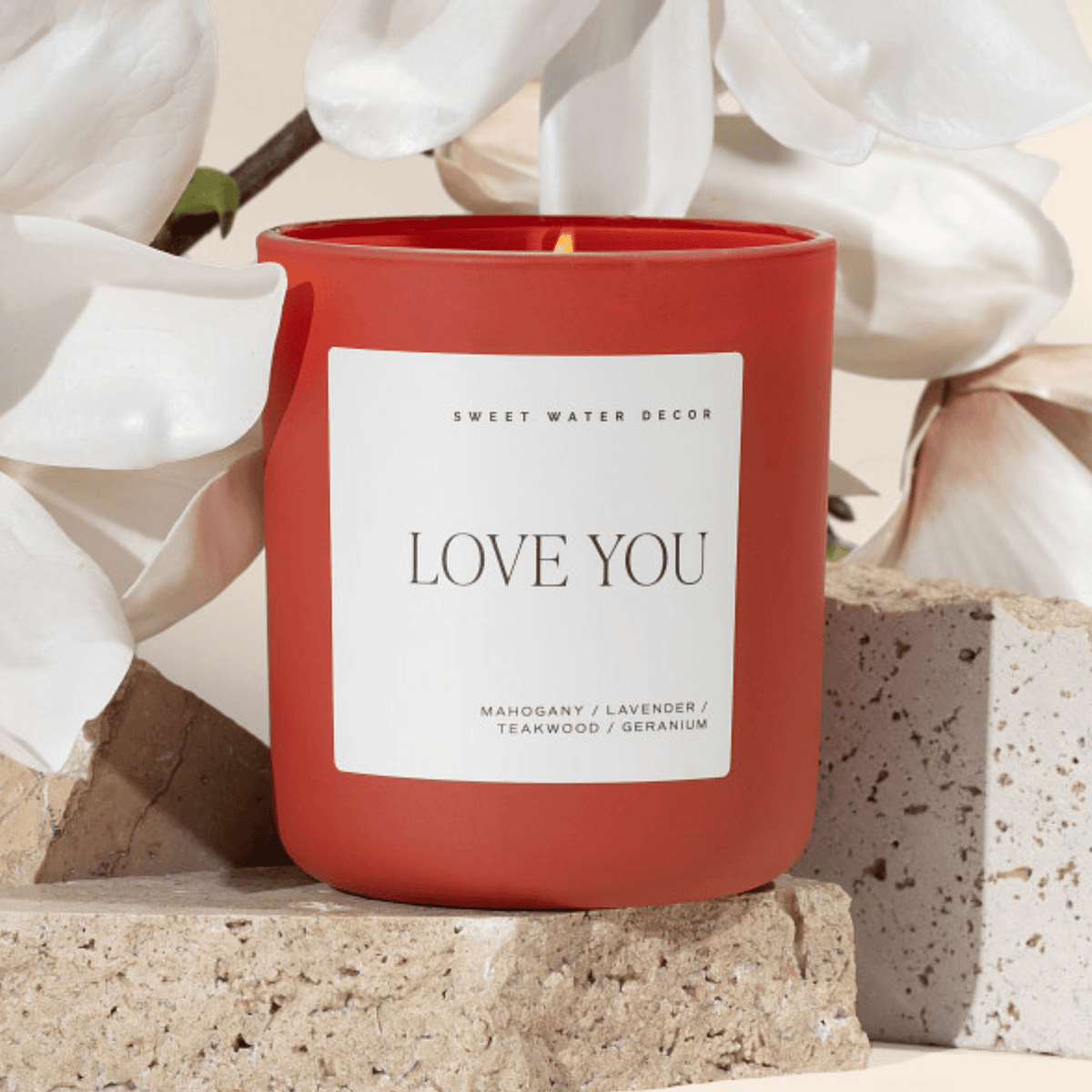 Love You Soy Candle - Red Matte Jar - 15 oz (Driftwood and Mahogany) - Sweet Water Decor, view 2