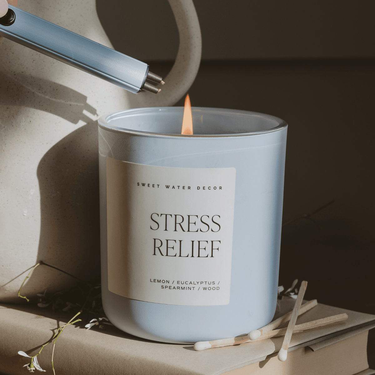 Stress Relief Soy Candle - Blue Matte Jar - 15 oz - Sweet Water Decor, view 2