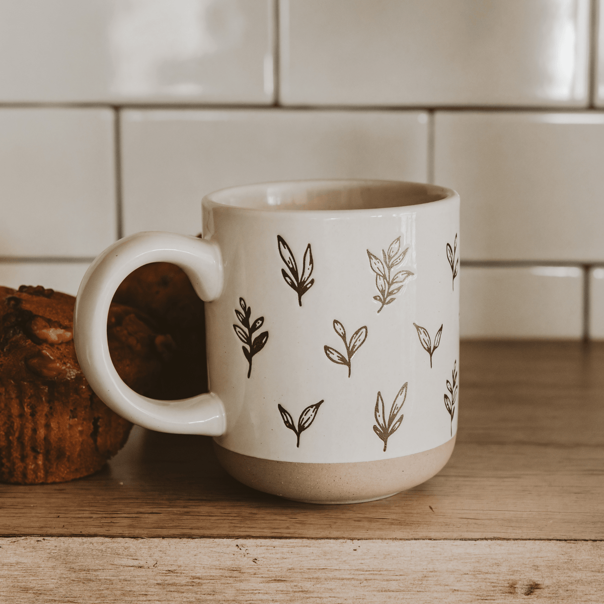 Brown Leaves 14 oz Stoneware Coffee Mug - Sweet Water Decor, view 2