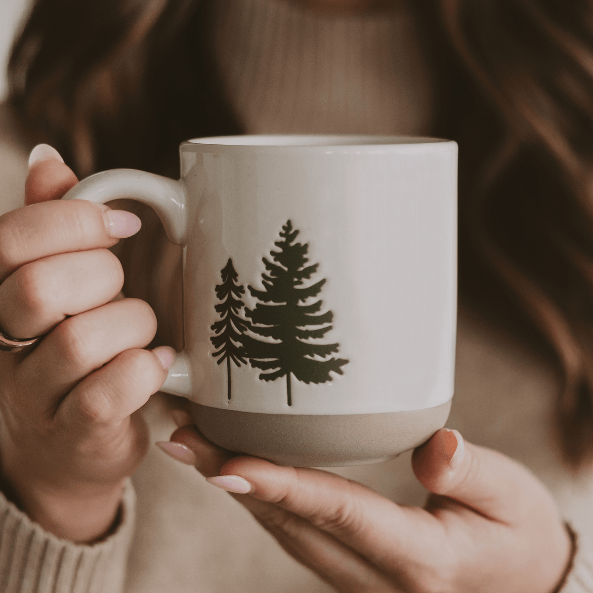 Green Trees 14 oz Cream Stoneware Coffee Mug - Sweet Water Decor, view 3