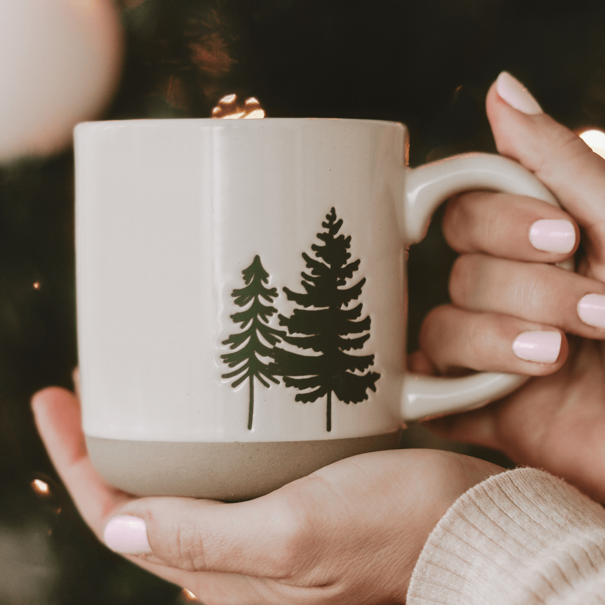 Green Trees 14 oz Cream Stoneware Coffee Mug - Sweet Water Decor, view 2