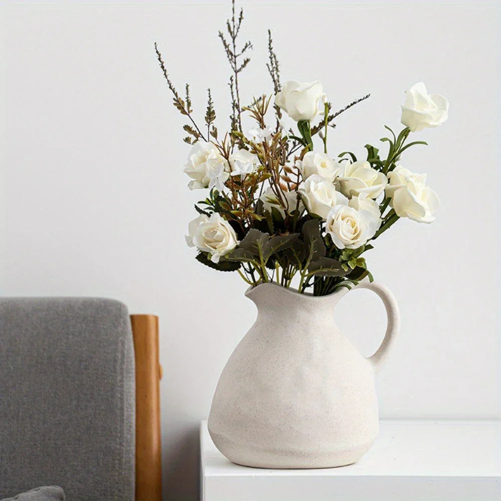 Ceramic Kettle Vase, Rustic White Cylinder Pottery with Handle — House of Avana, view 2 of 34