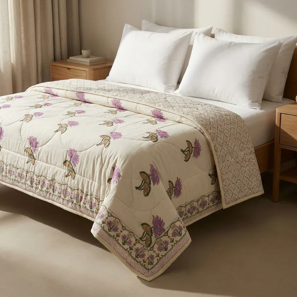 Cream & Mauve Floral Jaipur Hand Block Print Quilted Comforter — House of Avana, view 2 of 5