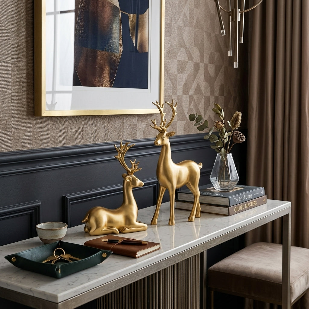 Golden Deer Figurine Set with Crystal Floral Accents