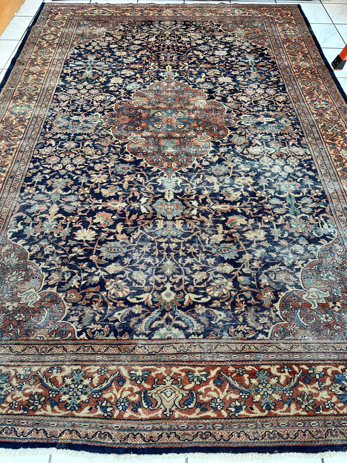 Antique Persian Mahal Rug 8x12 | Navy, Rust & Light Blue | Hand-Knotted Wool - Rugistan, view 3