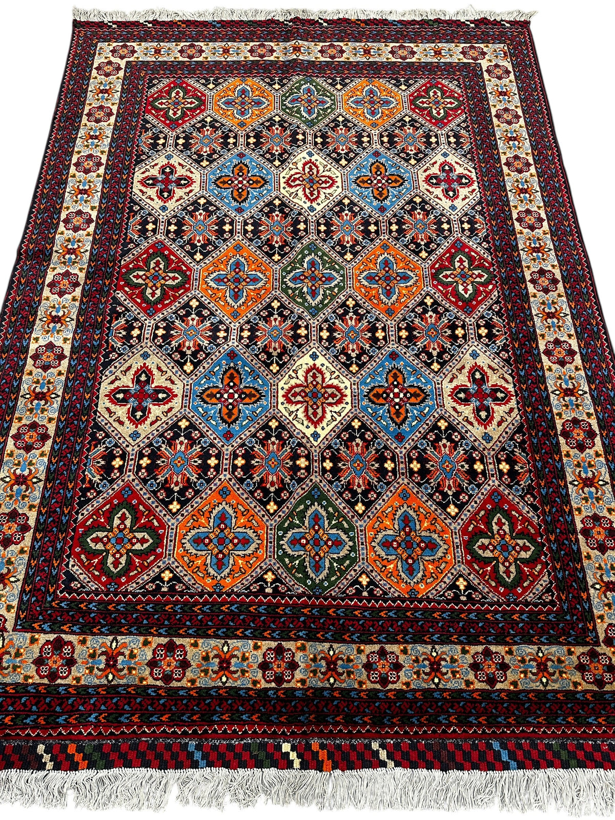 Afghan Rug 5x7 | Red, Navy & Orange | Hand-Knotted Wool - Rugistan, view 2