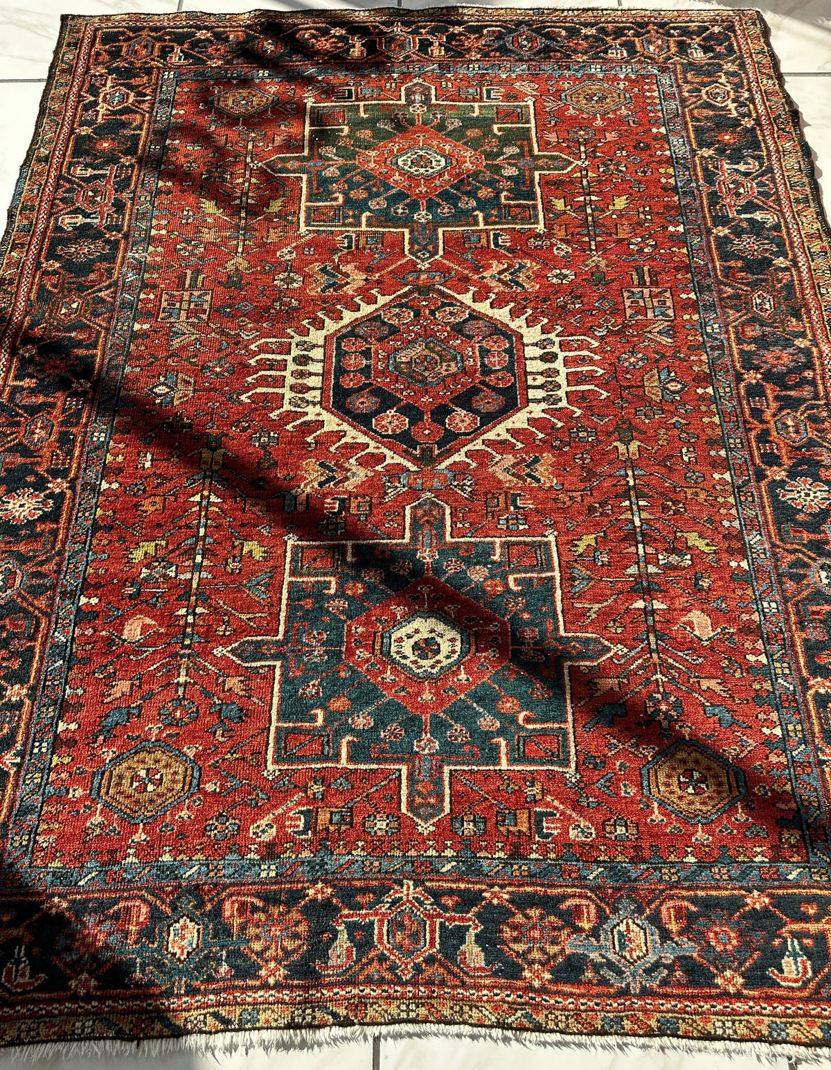 Antique Persian Heriz Rug 5x6 | Rust, Navy & Ivory | Hand-Knotted Wool - Rugistan, view 17
