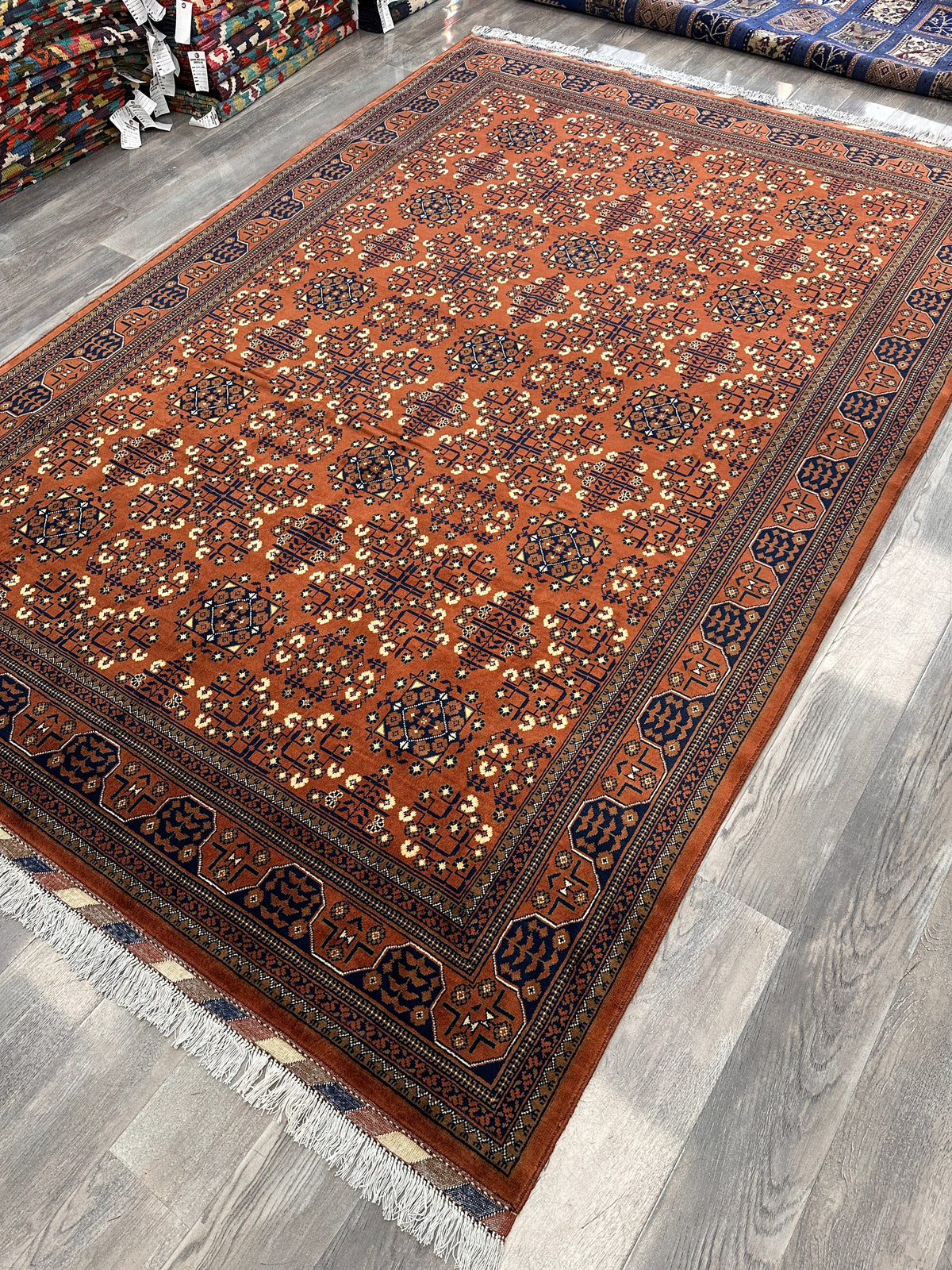 Afghan Turkmen Rug 7x10 | Orange, Navy & Ivory | Hand-Knotted Wool - Rugistan, view 5